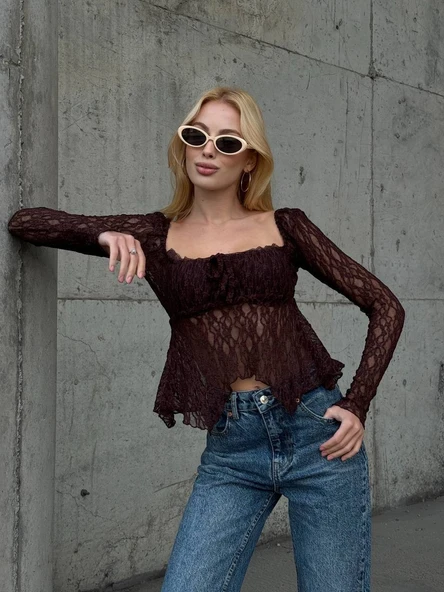 Ekru Peplum Etek Ucu Fırfırlı Güpür Bluz Uzun Kol Bağlama Detaylı Kare Yaka Şık Bluz - Resim 11