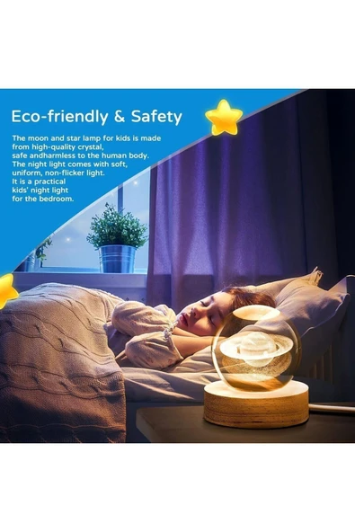 Ledli USB'li Ahşap Standlı Satürn Temalı Kristal Küre Renkli RGB LED 3D Oda Masa ve Gece Lambası - Resim 5