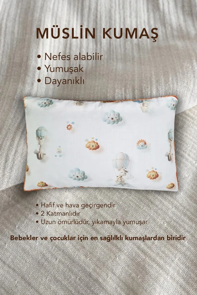 Müslin kumaşlı ortopedik çocuk yastığı,Visco parçacıklı pamuk kılıflı  40*60 *1100 gr(bulut) - Resim 3
