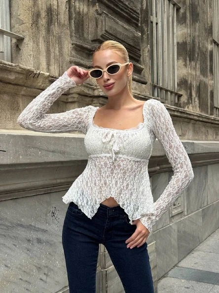 Ekru Peplum Etek Ucu Fırfırlı Güpür Bluz Uzun Kol Bağlama Detaylı Kare Yaka Şık Bluz - Resim 3