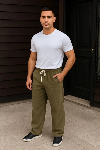 Erkek Fitilli Kadife Cepli Buggy Pantolon Oversize Rahat Kalıp - Haki ürün görseli 1