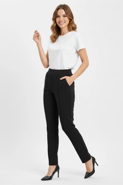 Kadın Beli Lastikli Çima Dikişli Cepli Kumaş Pantolon BGL-ST04818 - Resim 4