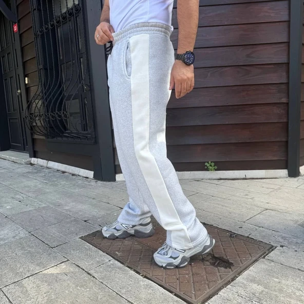 Erkek Üç İplik Kışlık Pamuklu Yandan Garneli Kalın Bej Şeritli Cepli Eşofman Altı - Gri - Resim 3