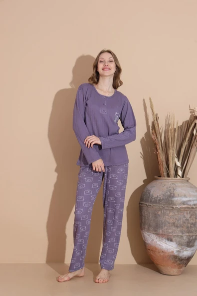 Lindros Kadın Pamuk'lu Düğme Yaka Raporlu İnterlok KIŞLIK Pijama Takımı 05035 - 1 Adet   S - M Mor - Resim 3