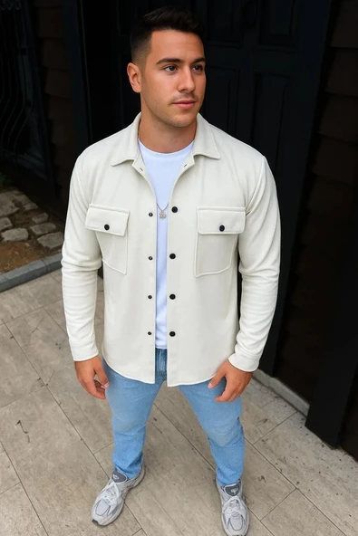 Erkek Diagonal Kumaş Cepli Çıtçıtlı uzun Kollu, Gömlek Oversize Rahat Kalıp Günlük Şık Stil - Beyaz ürün görseli 1