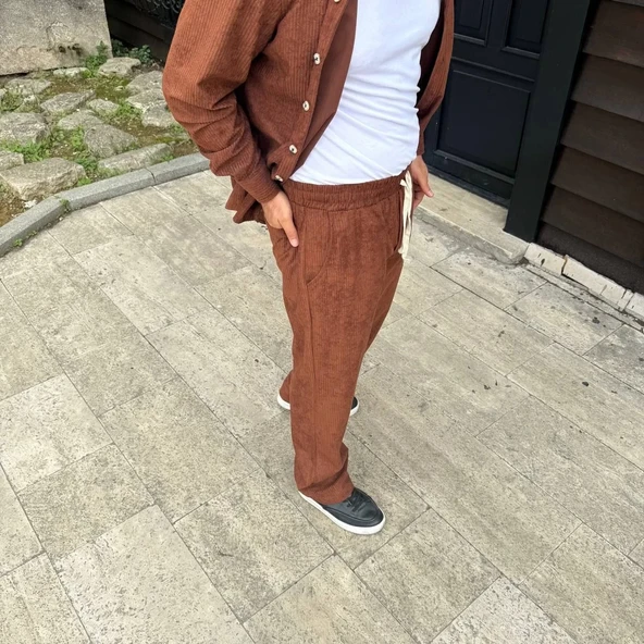 Erkek Fitilli Kadife Cepli Buggy Pantolon Oversize Rahat Kalıp - Kahverengi - Resim 2