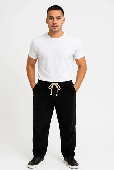 Erkek Fitilli Kadife Cepli Buggy Pantolon Oversize Rahat Kalıp - Siyah ürün görseli 1