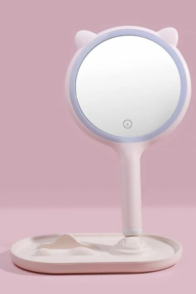 OLLEVRA Kedi Kulaklı Telefon Standlı Yuvarlak Dokunmatik Led Ayarlı Masa Üstü Makyaj Aynası ürün görseli