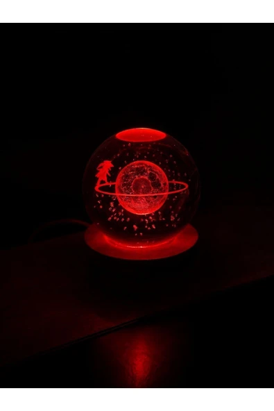 Ledli USB'li Ahşap Standlı Satürn Kız Temalı Kristal Küre Renkli RGB Led 3D Oda Masa ve Gece Lambası - Resim 3