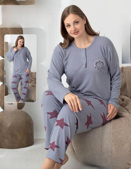 Lindros Kadın Pamuk'lu Düğme Yaka Raporlu İnterlok KIŞLIK Battal Pijama Takımı 05144 - 1 Adet   Gri 2XL ürün görseli 1