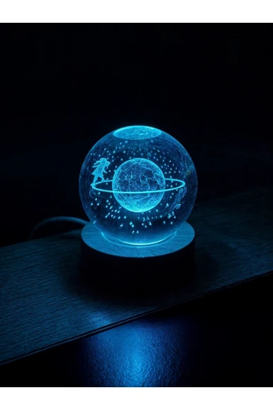 Ledli USB'li Ahşap Standlı Satürn Kız Temalı Kristal Küre Renkli RGB Led 3D Oda Masa ve Gece Lambası ürün görseli 1