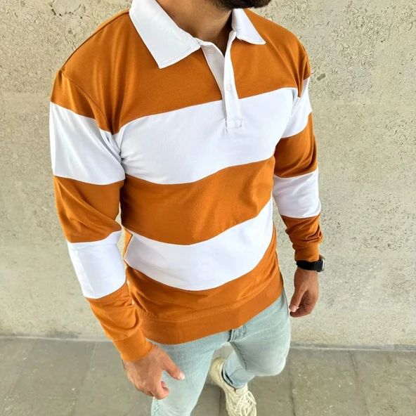 Erkek Polo Yaka Uzun Kollu Çizgili Sweatshirt Trend Rugby Stil - Turuncu - Resim 3