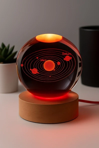 Ledli USB'li Ahşap Standlı Güneş Sistemi Küre Temalı Kristal Renkli RGB 3D Oda Masa ve Gece Lambası - Resim 2