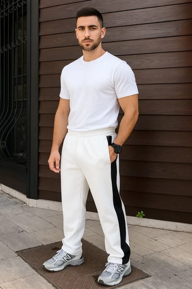 Erkek Üç İplik Kışlık Pamuklu Yandan Garneli Kalın Şeritli Cepli Eşofman Altı - Beyaz ürün görseli 1