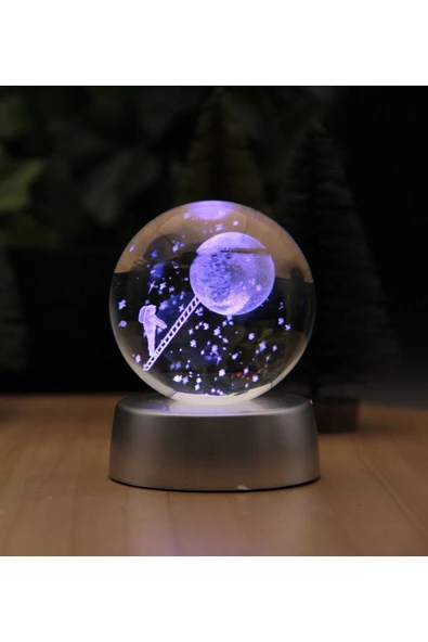 Ledli USB'li Plastik Standlı Merdivenle Aya Çıkan Astronot Temalı Küre Renkli RGB 3D Oda Gece Lamba - Resim 3