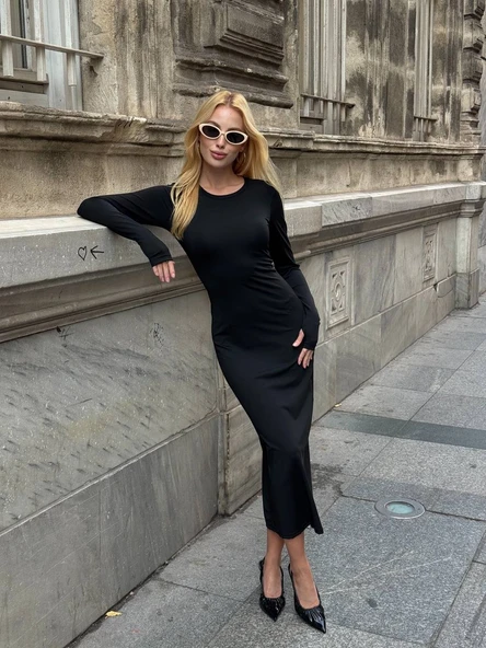 Abiye Uzun Kollu Fit Kalıp Elbise Yuvarlak Yaka Likralı Kumaş Midi Boy - Resim 8