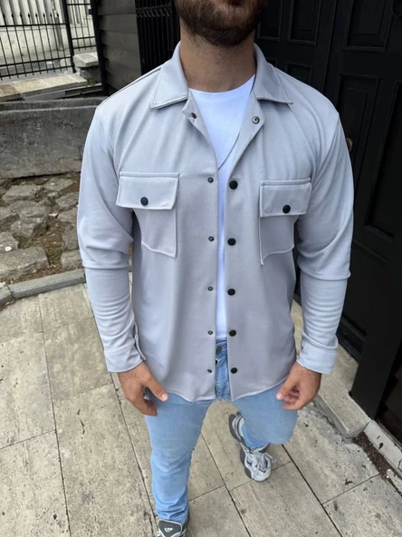 Erkek Diagonal Kumaş Cepli Çıtçıtlı uzun Kollu, Gömlek Oversize Rahat Kalıp Günlük Şık Stil - Gri - Resim 2