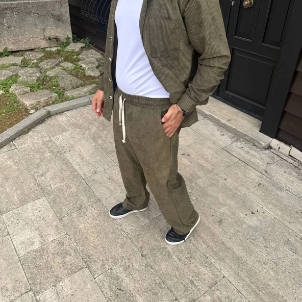 Erkek Fitilli Kadife Cepli Buggy Pantolon Oversize Rahat Kalıp - Haki - Resim 4