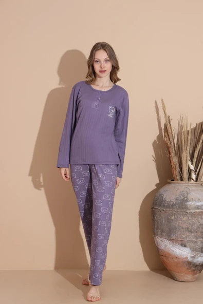 Lindros Kadın Pamuk'lu Düğme Yaka Raporlu İnterlok KIŞLIK Pijama Takımı 05035 - 1 Adet   S - M Mor - Resim 4