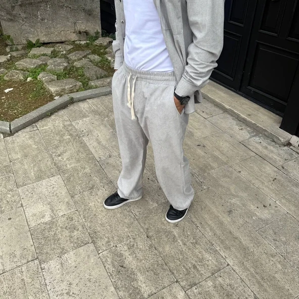Erkek Fitilli Kadife Cepli Buggy Pantolon Oversize Rahat Kalıp - Gri - Resim 4
