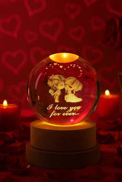 Ledli USB'li Ahşap Standlı Sevgili Çiftler I Love You Forever Kristal Küre Renkli RGB Led 3D Lamba ürün görseli 1