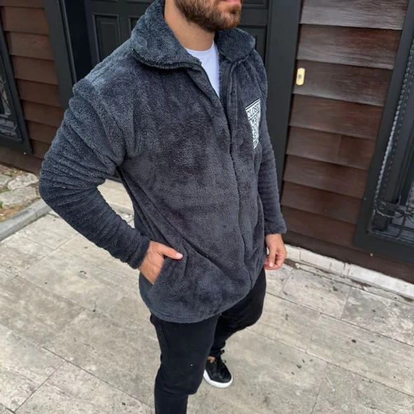 Erkek Polar Fermuarlı Sweatshirt – Kapüşonsuz, Cepli, Yumuşak Dokulu, Oversize Rahat Kalıp, Kışlık Sıcak Tutan Fermuarlı - Resim 3