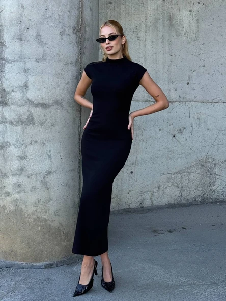 Kadın Yarım Balıkçı Yaka Kısa Kol Midi Elbise Vücudu Saran Fit Basic Elbise - Resim 11