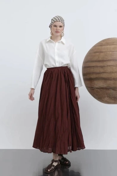 MDB Kadın Yüksek Bel Arkadan Fermuarlı Kırışık Geniş Kesimli Vural Etek - Resim 3