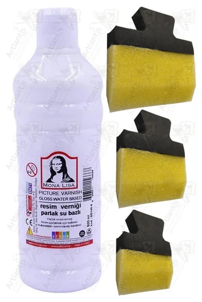 Resim Verniği 500 ml Su Bazlı 1 Adet ve Yassı Patpat Sünger Fırça Seti 3 lü 1 Paket Resim Parlatıcı Vernik Hobi Sanat