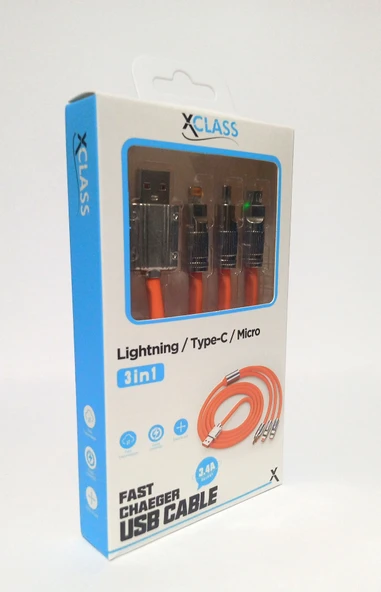 XClass K302 3 IN 1 Üçü Birarada Led Işıklı 5V /3,4A Hızlı Şarj ve Data Kablosu ürün görseli
