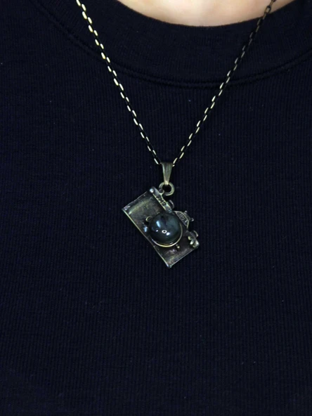 Doğal Taş Labradorit Doğal Taşlı Fotograf Makinesi Modelli Antik Kadın Kolye euk42lbt - Resim 2