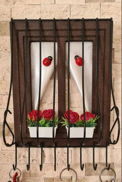 Ahşap Pencere Model Anahtarlık Kapı Duvar Tipi Anahtar Askılık Kahve, Kahverengi 21x16cm - 2