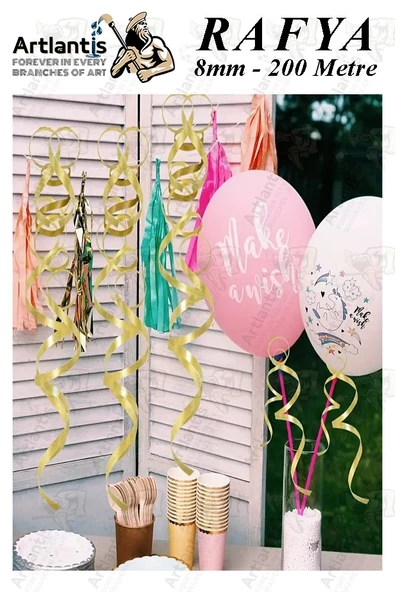 Kırmızı Rafya Şerit Kurdela 2 Adet 8mm 200 Metre Rabant Rafya Renkli Hediye Paketleme İpi Kurdela Balon Bağlama Ponpon - 2