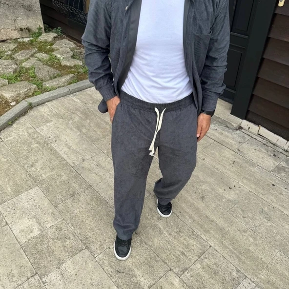 MDB Erkek Fitilli Kadife Cepli Buggy Pantolon Oversize Rahat Kalıp  Füme - Resim 4