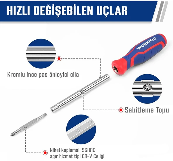 WORKPRO WP221306 15-IN-1 Çok Fonksiyonlu Değişken Uçlu Profesyonel Tornavida Seti + Bel Askı Kılıfı - Resim 4