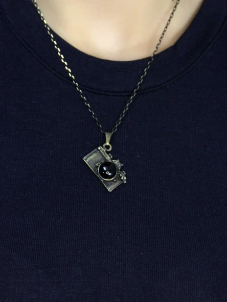 Doğal Taş Oniks Doğal Taşlı Fotograf Makinesi Modelli Antik Kadın Kolye euk42o - Resim 3