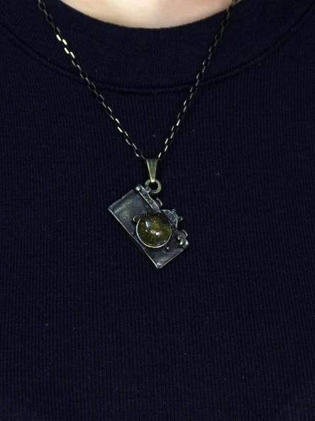 Doğal Taş Sitrin Doğal Taşlı Fotograf Makinesi Modelli Antik Kadın Kolye euk42s - Resim 2