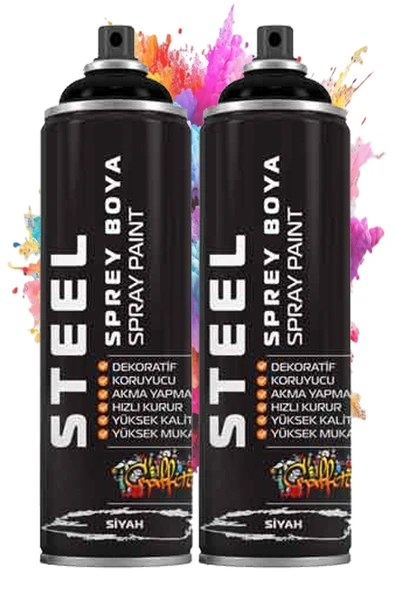 Siyah Sprey Boya 200 ml 2 Adet Hızlı Kuruyan Profesyonel Ahşap Plastik Demir Metal Cam Porselen Duvar Renkli ürün görseli
