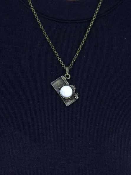 Doğal Taş Aytaşı Doğal Taşlı Fotograf Makinesi Modelli Antik Kadın Kolye euk42ay - Resim 2