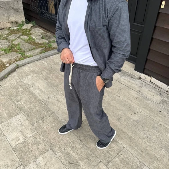 MDB Erkek Fitilli Kadife Cepli Buggy Pantolon Oversize Rahat Kalıp  Füme - Resim 3