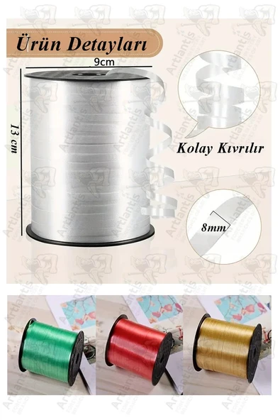 Kırmızı Rafya Şerit Kurdela 2 Adet 8mm 200 Metre Rabant Rafya Renkli Hediye Paketleme İpi Kurdela Balon Bağlama Ponpon - 4