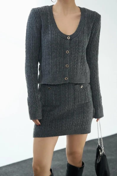 Saç Örgülü Etekli Takım - Antrasit - Resim 2