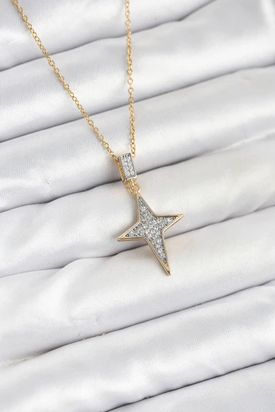 316L Çelik Zincir Gold Renk Kutup Yıldızı Model Zirkon Taşlı Kadın Ke ürün görseli