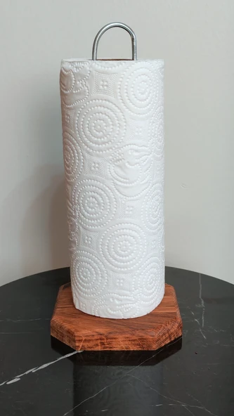 Dekoratif Ahşap Altlıklı Metal Kağıt Havluluk Tutucu (26 cm) - Mutfak Peçetelik Standı