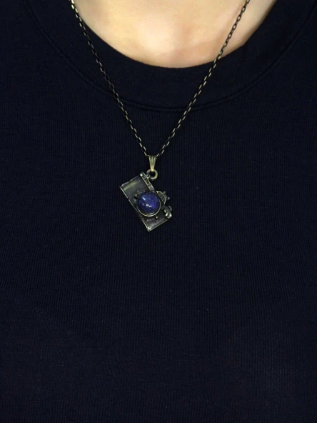 Doğal Taş Lapis Doğal Taşlı Fotograf Makinesi Modelli Antik Kadın Kolye euk42lps - Resim 3