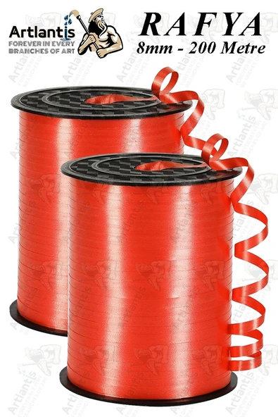Kırmızı Rafya Şerit Kurdela 2 Adet 8mm 200 Metre Rabant Rafya Renkli Hediye Paketleme İpi Kurdela Balon Bağlama Ponpon