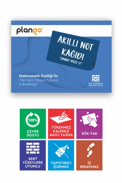 MAVİ - Elektrostatik Akıllı Not Kağıdı Yapışkansız Post-it 7x10cm - 50 Sayfa - Plango