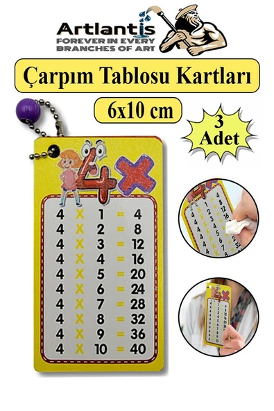 Zincirli Çarpım Tablosu 3 Adet 6x10 cm Cep Zircirli Çarpım Tablosu Yaz Sil Özellikli Karne Hediyesi Çarpım Kartları ürün görseli