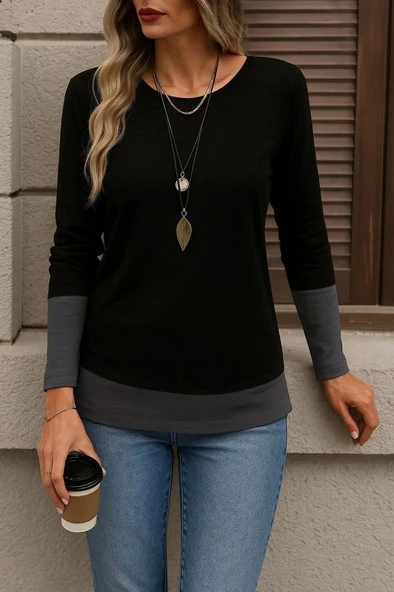 MDB Kadın Uzun Kollu Açık Yuvarlak Yaka Blok Renkli Viskon Bluz ürün görseli 1