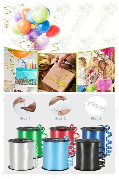 Kırmızı Rafya Şerit Kurdela 2 Adet 8mm 200 Metre Rabant Rafya Renkli Hediye Paketleme İpi Kurdela Balon Bağlama Ponpon - 5